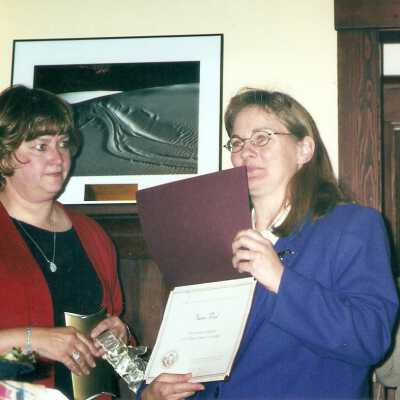 Jeanne Sparks, Nancy Cooley by R - Karen Wood Retirement Party March 2001; Karen Wood