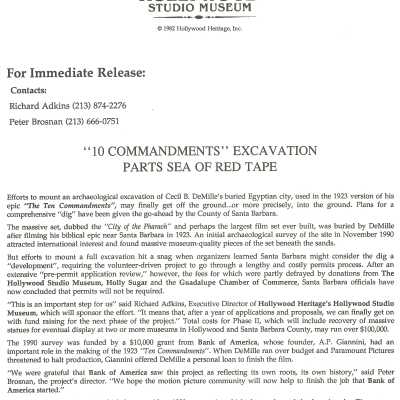 "'Ten Commandments' Excavation Parts Sea of Red Tape." Discussing permit trouble with the first excavation of the The Ten Commandments set as well as The Bank of America Grant.