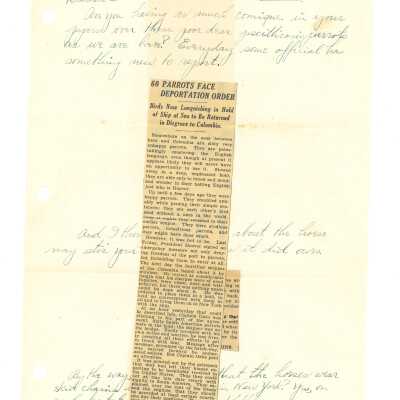February 3 & 4, 1930, New York City, Letter from Kathleen Ali to W.R. Goddard & Family, newspaper clippings glued onto letters, south american parrots, avavtion, NYC horses, and obituary for Edward W. Bok, envelope included