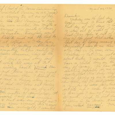 March 22, 1930, New York City, Letter from Kathleen Ali to W.R. Goddard & Family, fist day of spring, Kathleen recovering at home from surgery, neighbors visiting, newspaper clipping about temple emannuel included, photo of the Columbia Library included, envelope included