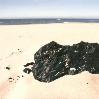 Guadalupe Dunes Preserve aka Rancho Guadalupe Beach County Park, "A chunk of rock-hard oil broken off of underwater cliffs off Mussel Rock and washed up onto Guadalupe Beach" February 1995