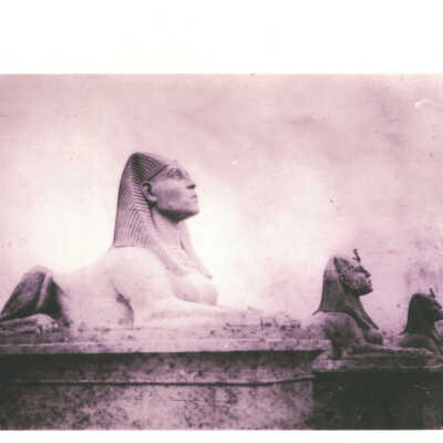 Photo of 4 shpinx taken from the set of The Ten Commandments.
