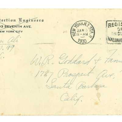January 2, 1930, New York City, Letter from Kathleen Ali to W.R. Goddard & Family, Happy New Year Letter desribing her December, envelope included
