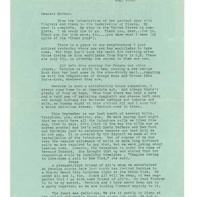 August 23, 1932, San Francisco, Letter typed on blue paper from Kathleen Ali to Mrs. W.R. Goddard, telephone bills, lunch in Pismo, tire blow out near San Luis Obispo, envelope included