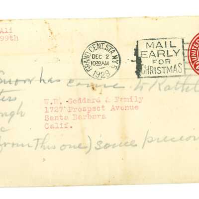 November 29, 1929, New York City, Letter from Kathleen Ali to W.R. Goddard Family, typed letter, Friday after Thanksgiving, personal coorespondence disucssing Thanksgiving, Ali's birthday, and a hit and run Ali witnessed, envelope included