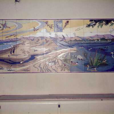Dunes Discovery  Center mural 11/96. Designed, drawn, and installed by John Lwerks. Painted by public at the Dunes Discovery Center grand opening.