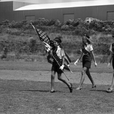 Girl Scout color guard, James Allen Hoey Benefit Baseball Game, Homann Park, Lacey, WA, 1973: Frame 29B