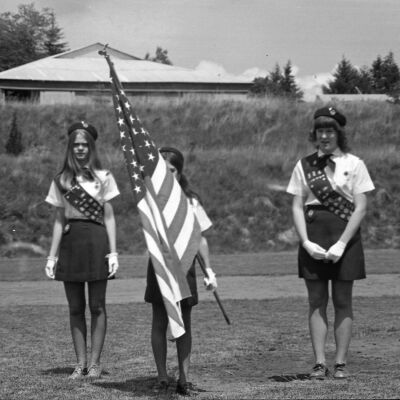Girl Scout color guard, James Allen Hoey Benefit Baseball Game, Homann Park, Lacey, WA, 1973: Frame 30B