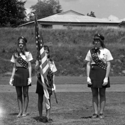 Girl Scout color guard, James Allen Hoey Benefit Baseball Game, Homann Park, Lacey, WA, 1973: Frame 31B
