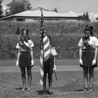 Girl Scout color guard, James Allen Hoey Benefit Baseball Game, Homann Park, Lacey, WA, 1973: Frame 32B