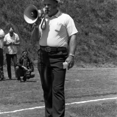 Unidentified man, James Allen Hoey Benefit Baseball Game, Homann Park, Lacey, WA, 1973: Frame 28B
