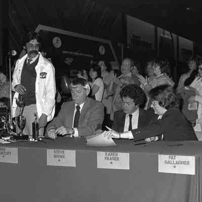 Carl Cook, Wes Barclift, Steve Boone, Karen Fraser, Pat Gallagher and Unidentified people, Mascot Expo, 1981: Frame 43
