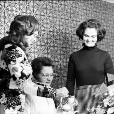North Thurston District Faculty Wive's Tea, 1973. From left: Beth Taylor, Coetta Gott, Tarrie Herness: Frame 9