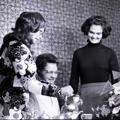 North Thurston District Faculty Wive's Tea, 1973. From left: Beth Taylor, Coetta Gott, Tarrie Herness: Frame 10