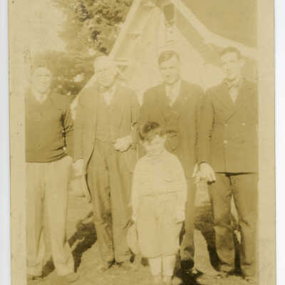 William, Cornelius, Francis and Doyal Gallagher and Unknown Man at Gallgher Farm, Unknown Date