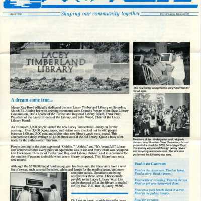 April1991 Lacey Life newsletter, p. 1: Copyright: City of Lacey; Origformat: Document; Resolution: 300 dpi