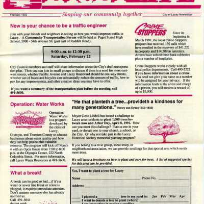 February 1992 Lacey Life, p.1: Copyright: City of Lacey; Origformat: Document; Resolution: 300 dpi