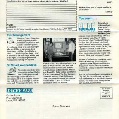 March 1992 Lacey Life, p. 1: Copyright: City of Lacey; Origformat: Document; Resolution: 300 dpi