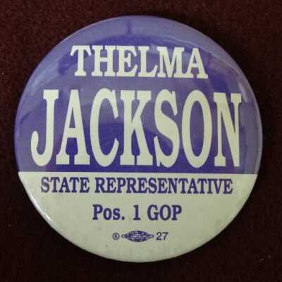 Thelma Jackson campaign button: Copyright: Lacey Museum; Origformat: Artifact