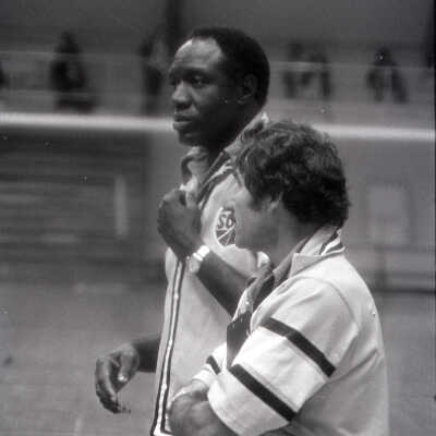 Bob Hopkins, and Les Habbeger, Sonics training camp, 1977: Frame 22a