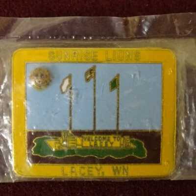 Sunrise Lions plaza promotional pin: Copyright: Lacey Museum; Origformat: Artifact