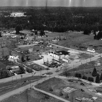 Aerial of Homann Construction and Lacey Fire Hall, c. 1950s
