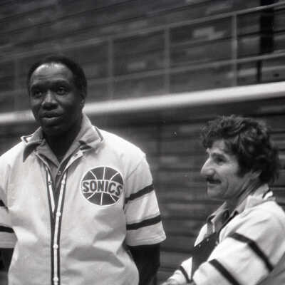 Bob Hopkins and Les Habegger, Sonics training camp, 1977: Frame 23a