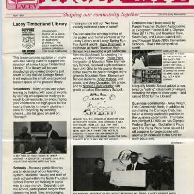 Page 1, Lacey Life Newsletter, April 1989: Copyright: City of Lacey; Origformat: Document; Resolution: 300 dpi