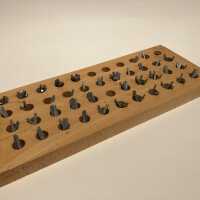 Wood type tray with set of lead 3mm type letters (set of 123)