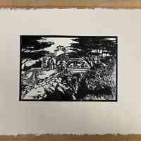 Print of a building over a stream