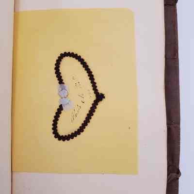 Amy Hall Williams Hair Album 1834-1844: Hair Sample from: Phebe M. Hall 1840  "sister" (heart-shaped with blue ribbon)