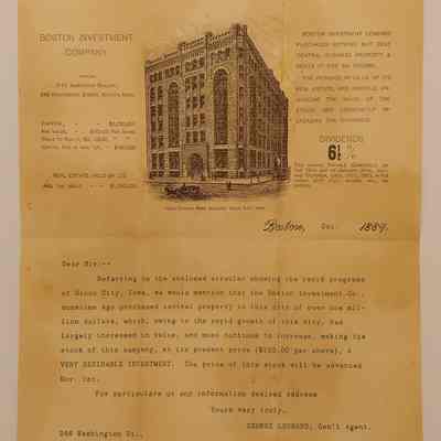 4. Letter from George Leonard: Oct. 1889 Letter from George Leonard of Boston Investment Company; Sent from 246 Washington St., Rooms 7-11, Boston, Mass.