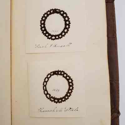 Amy Hall Williams Hair Album 1834-1844: hair samples from: Sarah J. Bonsall 1844; Hannah M. Steele 1844