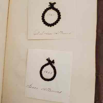 Amy Hall Williams Hair Album 1834-1844: hair samples from: Sarah Ann Altemus 1840 "cousin"; Isaac Altemus 1843 "cousin"