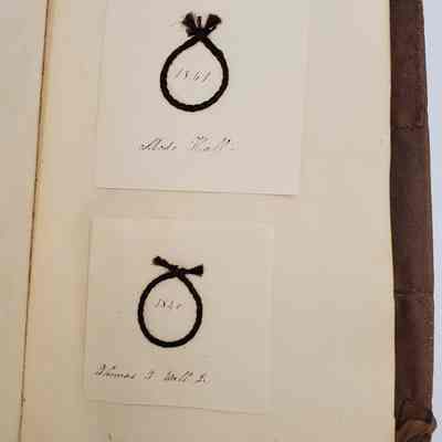 Amy Hall Williams Hair Album 1834-1844: Hair Samples from: Mode Hall 1841; Thomas T Hall Jr. 1840 "brother"