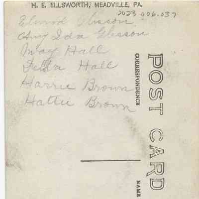 Elwood Glisson, Amy Ida Glisson, May Hall, Detta Hall, Harrie Brown, Hattie Brown: back of photograph -
"Elwood Glisson
Amy Ida Glisson
May Hall
Detta Hall
Harrie Brown
Hattie Brown"

Stamp box design indicates production between 1904 and 1920s.

Divided back (the line) indicates production 1907 or after.