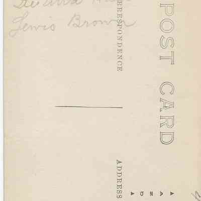 Elwood Glisson, De Etta Hall, Lewis Brown: back of photograph -
"Elwood Glisson
DeEtta Hall
Lewis Brown"
Stamp box design indicates production between 1904 and 1918.
Divided back (the line) indicates production 1907 or after.
