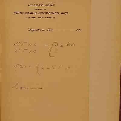 List of Names/Businesses with corresponding page numbers (6/6): T. T. Worrall & Sons Wayne Page 62

page contains "Hillery John Dealer in First-Class Groceries and General Merchandise" note with math.