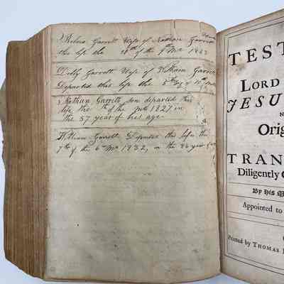 Garrett Family Manuscript Collection/The Lewis Family Bible [1765]: Pages after Apocrypha and before New Testament: Genealogy information for the Lewis and Garrett families