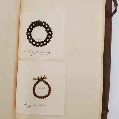 Amy Hall Williams Hair Album 1834-1844: hair samples from Mary Cheyney 1844; Mary R. Mode 1834 "aunt"