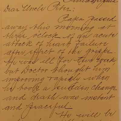 9. Letter from Maipa[?] F. Worrall (1/2): Feb. 5, 1905 Letter from Maipa[?] F. Worrall addressed to "Uncle Peter" notifying him of the death and funeral plans for her father, one of his brothers; Sent from 1503 North Gratz Street, Philadelphia, PA.
