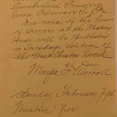 9. Letter from Maipa[?] F. Worrall (2/2): Feb. 5, 1905 Letter from Maipa[?] F. Worrall addressed to "Uncle Peter" notifying him of the death and funeral plans for her father, one of his brothers; Sent from 1503 North Gratz Street, Philadelphia, PA.