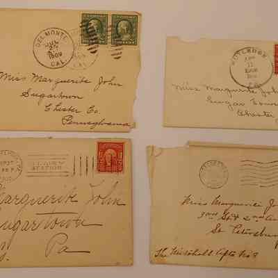 13. Miscellaneous Envelopes (1/2): Four envelopes addressed to Miss Marguerite John without associated letters: July 24 1909 from Del Monte, CA to Sugartown, PA, April 11 1912 from Rutledge, PA to Sugartown, PA, Sep 27 1905 from Philadelphia, PA to Sugartown PA, Apr 1 1924 from West Chester, PA to St. Petersburg, FL.