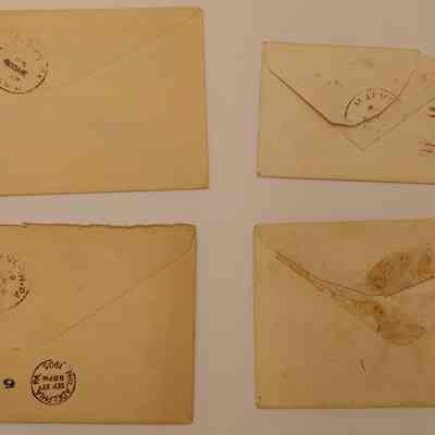 13. Miscellaneous Envelopes (2/2): Four envelopes addressed to Miss Marguerite John without associated letters: July 24 1909 from Del Monte, CA to Sugartown, PA, April 11 1912 from Rutledge, PA to Sugartown, PA, Sep 27 1905 from Philadelphia, PA to Sugartown PA, Apr 1 1924 from West Chester, PA to St. Petersburg, FL.