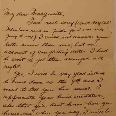 2c. Letter from J. Benson Darlington (1/5): November 23rd, 1905 Letter from J. Benson Darlington in which he accepts an invitation from Marguerite and provides her with more tickets so she can cheer for his school at his "game" against a "Wilmington C.C.V" [Cross Country?]; Sent from West Chester, PA.