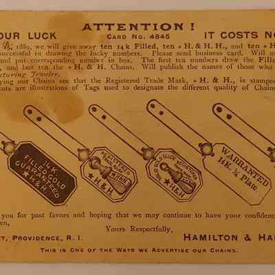7 Advertisement from Hamilton & Hamilton Jr. (2/2): Nov. 15, 1889. Advertisement for Chains from Hamilton & Hamilton Jr.; Sent from 7 Eddy Street, Providence, R.I.