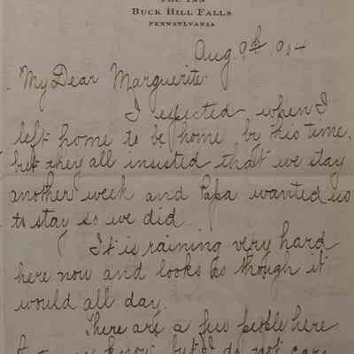 1c. Letter from Helen Hibberd (1/7): August 9th, 1904 Letter from Helen Hibberd discussing her family's trip to Buck Hill Falls [Quaker retreat founded in 1901] and her and Marguerite's first-day school picnic; Sent from Buck Hill Falls, PA.
