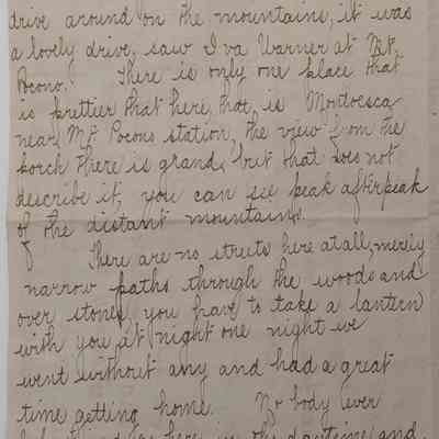 1c. Letter from Helen Hibberd (3/7): August 9th, 1904 Letter from Helen Hibberd discussing her family's trip to Buck Hill Falls [Quaker retreat founded in 1901] and her and Marguerite's first-day school picnic; Sent from Buck Hill Falls, PA.