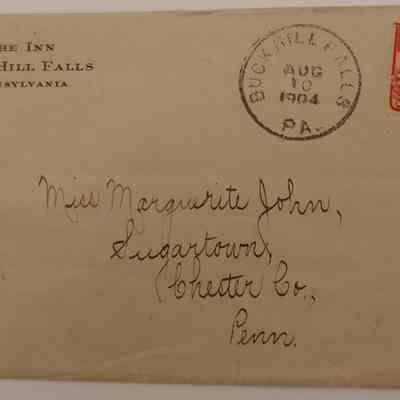 1c. Letter from Helen H. (6/7): August 9th, 1904 Letter from Helen Hibberd discussing her family's trip to Buck Hill Falls [Quaker retreat founded in 1901] and her and Marguerite's first-day school picnic; Sent from Buck Hill Falls, PA.