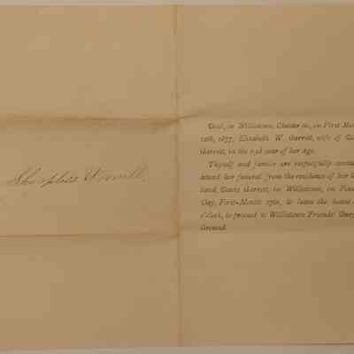 6. Invitation to the Funeral of Elizabeth W. Garrett (1/4): Invitation to Sharpless and Abigail Worrall to the funeral of Elizabeth W. Garrett who died in Willistown, PA on Jan. 12th 1877 at 63 and was the wife of Davis Garrett. Her funeral is on Jan. 17th at Davis Garrett's residence in Willistown and the Willistown Friends' Burying Ground.